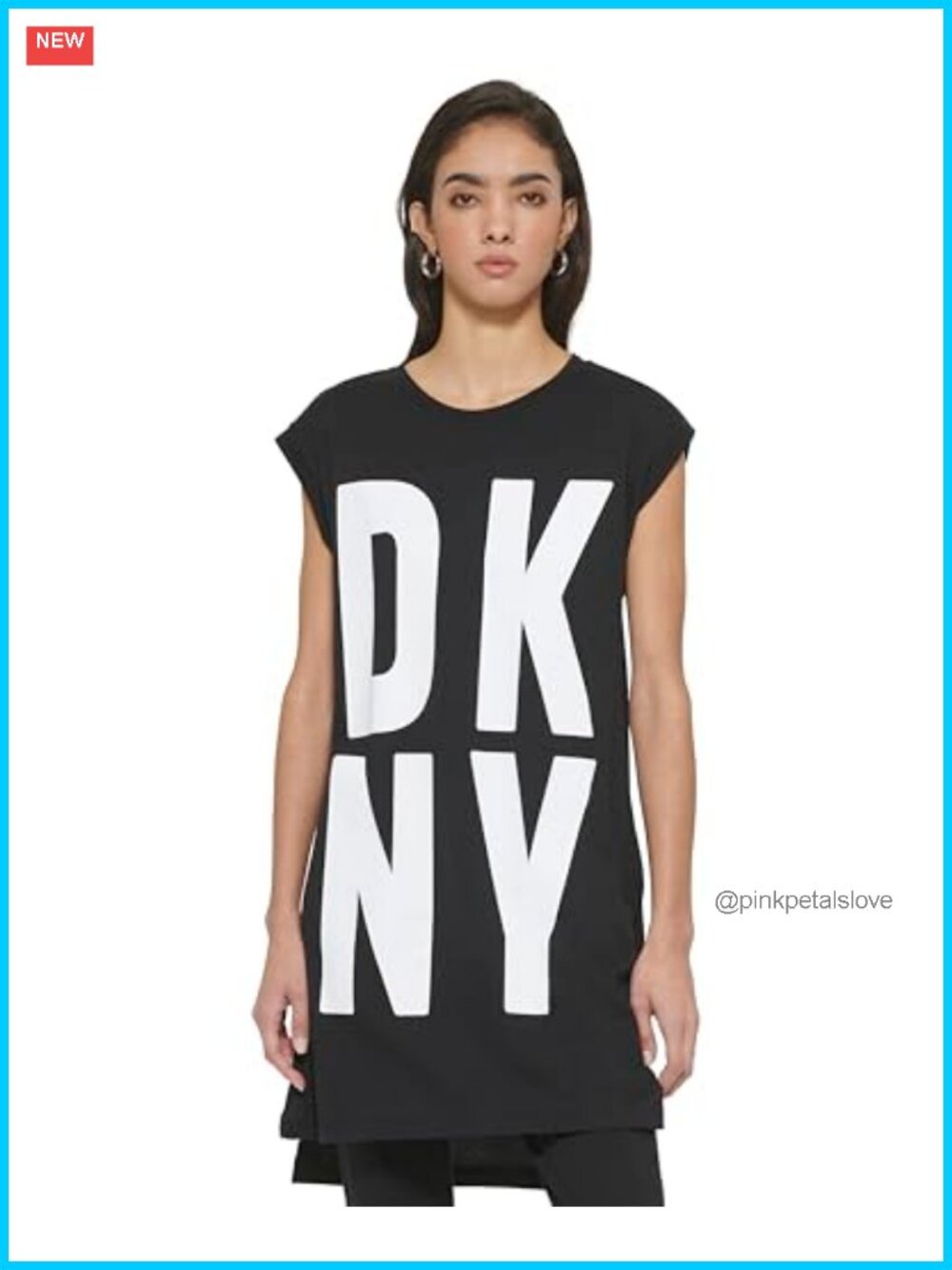 DKNY High-Low Logo Tunic Dress Cap Sleeve Dolphin Hem Casual Travel